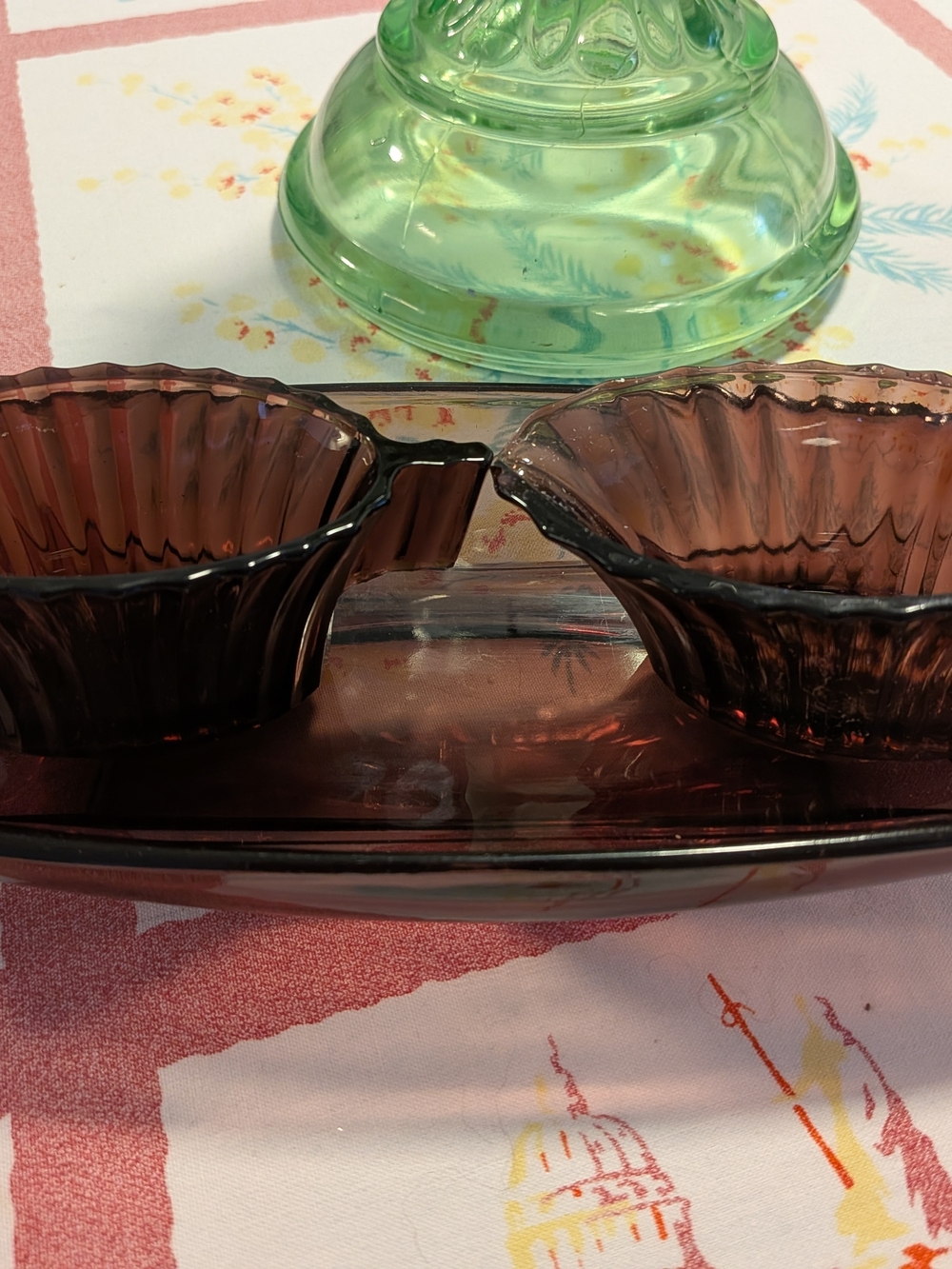 Hazel Atlas Glass Relish Dish Set - 3-Pieces Amethyst Creamer Moroccan